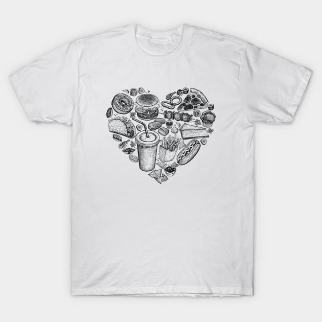 Fast Food Lover Heart T-Shirt by edwardechoblue